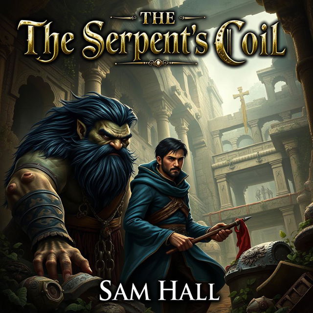 A realistic fantasy book cover for 'The Serpent's Coil' by Sam Hall, featuring a large Orc warrior with striking black hair and a robust beard, alongside a slender human rogue male, who has sleek black hair and an elegant beard peeking out from under a deep blue hood