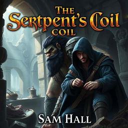 A realistic fantasy book cover for 'The Serpent's Coil' by Sam Hall, featuring a large Orc warrior with striking black hair and a robust beard, alongside a slender human rogue male, who has sleek black hair and an elegant beard peeking out from under a deep blue hood