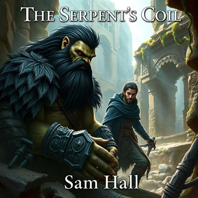 A realistic fantasy book cover depicting a large Orc warrior with distinct black hair and a robust beard, paired with a slender human rogue man featuring sleek black hair and an elegant beard, both under a deep blue hood