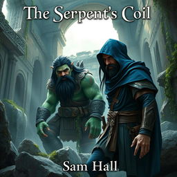 A realistic fantasy book cover depicting a large Orc warrior with distinct black hair and a robust beard, paired with a slender human rogue man featuring sleek black hair and an elegant beard, both under a deep blue hood