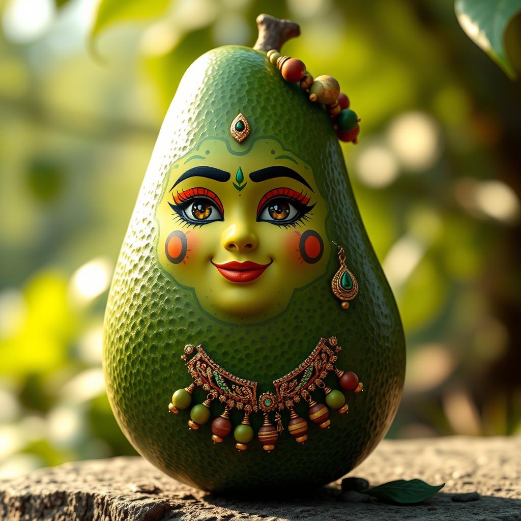 A realistic feminine avocado character, shaped authentically like an avocado, without arms, legs, or a neck