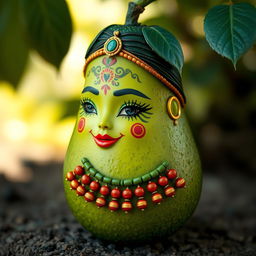 A realistic feminine avocado character, shaped authentically like an avocado, without arms, legs, or a neck