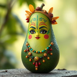 A realistic feminine avocado character, shaped authentically like an avocado, without arms, legs, or a neck