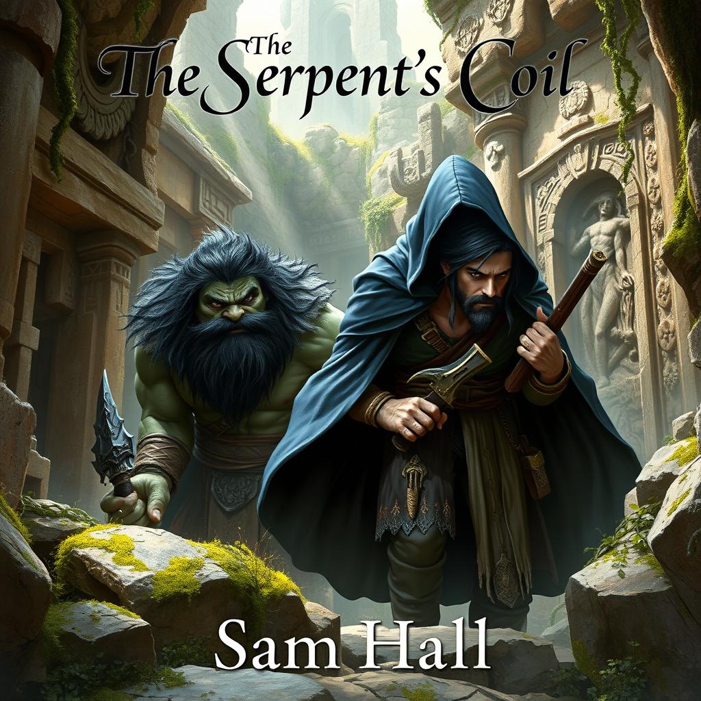 A realistic fantasy book cover depicting a large Orc warrior with distinct black hair and a robust beard, paired with a slender human rogue man featuring sleek black hair and an elegant beard, both under a deep blue hood