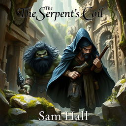 A realistic fantasy book cover depicting a large Orc warrior with distinct black hair and a robust beard, paired with a slender human rogue man featuring sleek black hair and an elegant beard, both under a deep blue hood