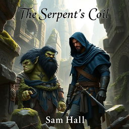 A realistic fantasy book cover depicting a large Orc warrior with distinct black hair and a robust beard, paired with a slender human rogue man featuring sleek black hair and an elegant beard, both under a deep blue hood