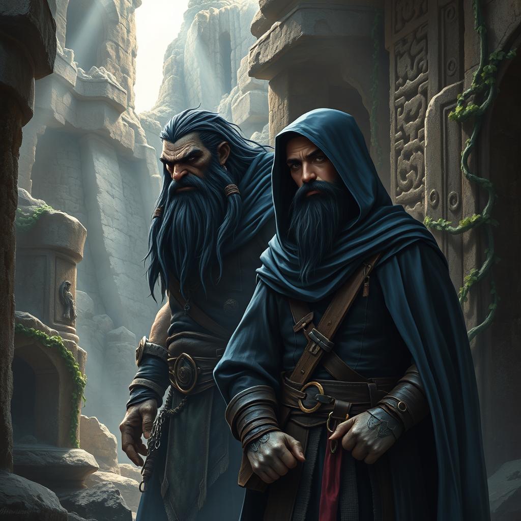 A realistic fantasy book cover featuring a large Orc warrior with black hair and a well-defined beard, alongside a slender human rogue man with sleek black hair and an elegant beard, both depicted under a deep blue hood