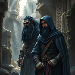 A realistic fantasy book cover featuring a large Orc warrior with black hair and a well-defined beard, alongside a slender human rogue man with sleek black hair and an elegant beard, both depicted under a deep blue hood