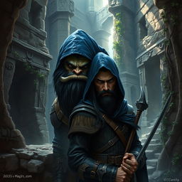 A realistic fantasy book cover featuring a large Orc warrior with black hair and a well-defined beard, alongside a slender human rogue man with sleek black hair and an elegant beard, both depicted under a deep blue hood