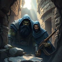 A realistic fantasy book cover featuring a large Orc warrior with black hair and a well-defined beard, alongside a slender human rogue man with sleek black hair and an elegant beard, both depicted under a deep blue hood