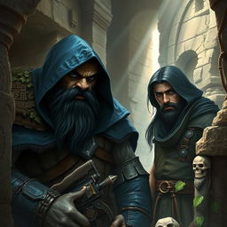 A realistic fantasy book cover featuring a large Orc warrior with black hair and a well-defined beard, alongside a slender human rogue man with sleek black hair and an elegant beard, both depicted under a deep blue hood