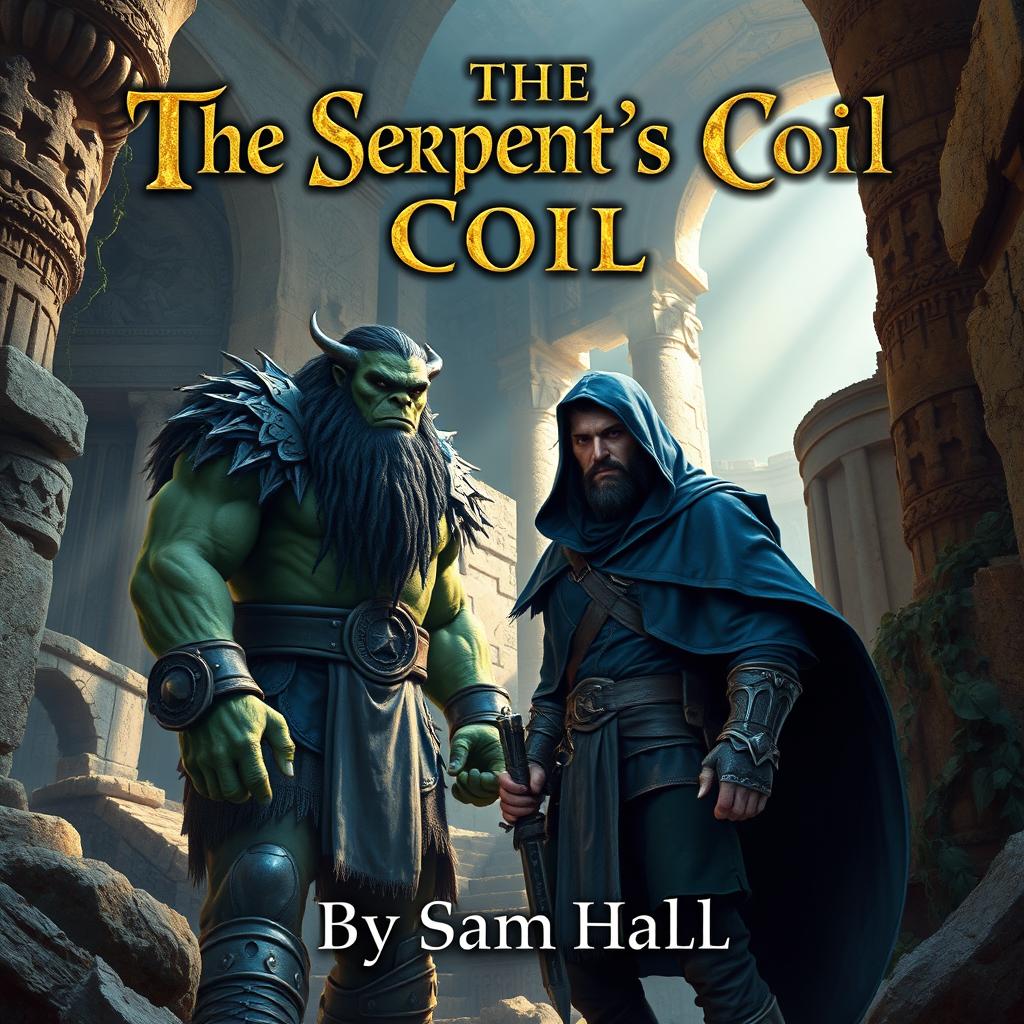 A stunning fantasy book cover for 'The Serpent's Coil' by Sam Hall, showcasing a large Orc warrior with bold black hair and a robust beard standing confidently next to a slender human rogue man with sleek black hair and a refined beard, both wearing deep blue hoods