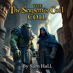 A stunning fantasy book cover for 'The Serpent's Coil' by Sam Hall, showcasing a large Orc warrior with bold black hair and a robust beard standing confidently next to a slender human rogue man with sleek black hair and a refined beard, both wearing deep blue hoods