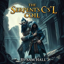 A stunning fantasy book cover for 'The Serpent's Coil' by Sam Hall, showcasing a large Orc warrior with bold black hair and a robust beard standing confidently next to a slender human rogue man with sleek black hair and a refined beard, both wearing deep blue hoods