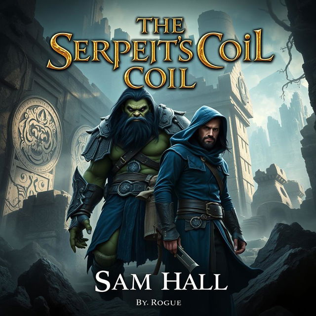 A stunning fantasy book cover for 'The Serpent's Coil' by Sam Hall, showcasing a large Orc warrior with bold black hair and a robust beard standing confidently next to a slender human rogue man with sleek black hair and a refined beard, both wearing deep blue hoods