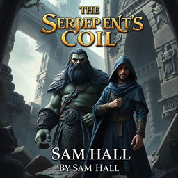 A stunning fantasy book cover for 'The Serpent's Coil' by Sam Hall, showcasing a large Orc warrior with bold black hair and a robust beard standing confidently next to a slender human rogue man with sleek black hair and a refined beard, both wearing deep blue hoods