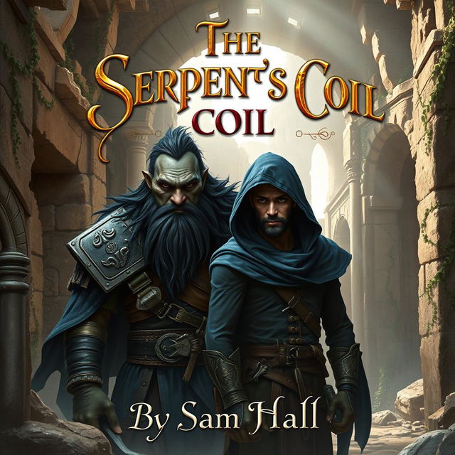 A captivating fantasy book cover for 'The Serpent's Coil' by Sam Hall, showcasing a large Orc warrior with striking black hair and a prominent beard, standing alongside a slender human rogue featuring sleek black hair and a stylish beard, both wearing deep blue hoods to suggest an air of mystery