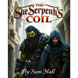 A captivating fantasy book cover for 'The Serpent's Coil' by Sam Hall, showcasing a large Orc warrior with striking black hair and a prominent beard, standing alongside a slender human rogue featuring sleek black hair and a stylish beard, both wearing deep blue hoods to suggest an air of mystery