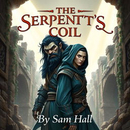 A captivating fantasy book cover for 'The Serpent's Coil' by Sam Hall, showcasing a large Orc warrior with striking black hair and a prominent beard, standing alongside a slender human rogue featuring sleek black hair and a stylish beard, both wearing deep blue hoods to suggest an air of mystery