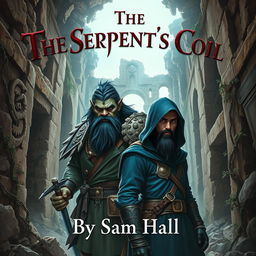 A captivating fantasy book cover for 'The Serpent's Coil' by Sam Hall, showcasing a large Orc warrior with striking black hair and a prominent beard, standing alongside a slender human rogue featuring sleek black hair and a stylish beard, both wearing deep blue hoods to suggest an air of mystery
