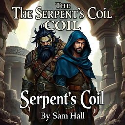 An engaging fantasy book cover for 'The Serpent's Coil' by Sam Hall, featuring a powerful Orc warrior with striking black hair and a strong beard, standing beside a slender human rogue with sleek black hair and a stylish beard, both adorned in deep blue hoods that add an aura of intrigue