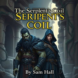 An engaging fantasy book cover for 'The Serpent's Coil' by Sam Hall, featuring a powerful Orc warrior with striking black hair and a strong beard, standing beside a slender human rogue with sleek black hair and a stylish beard, both adorned in deep blue hoods that add an aura of intrigue