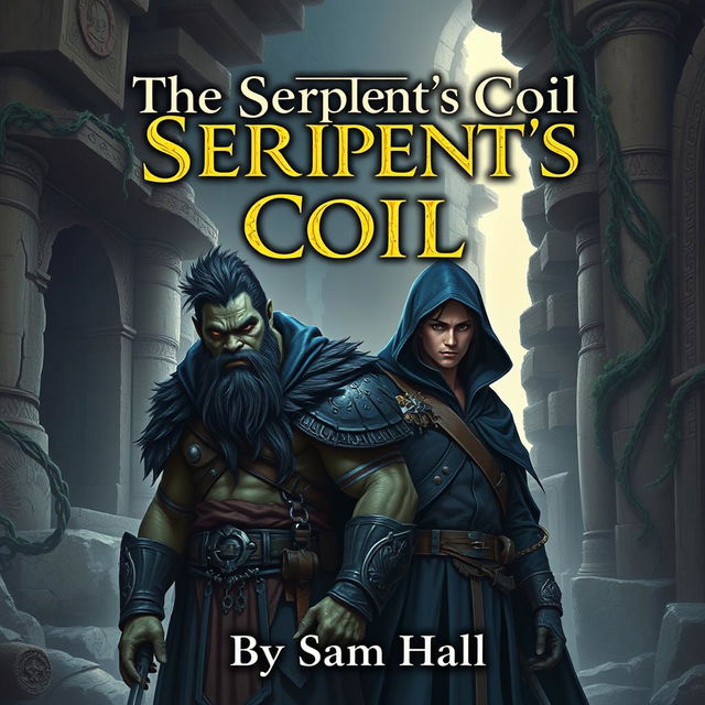 An engaging fantasy book cover for 'The Serpent's Coil' by Sam Hall, featuring a powerful Orc warrior with striking black hair and a strong beard, standing beside a slender human rogue with sleek black hair and a stylish beard, both adorned in deep blue hoods that add an aura of intrigue