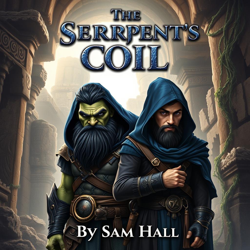 An engaging fantasy book cover for 'The Serpent's Coil' by Sam Hall, featuring a powerful Orc warrior with striking black hair and a strong beard, standing beside a slender human rogue with sleek black hair and a stylish beard, both adorned in deep blue hoods that add an aura of intrigue