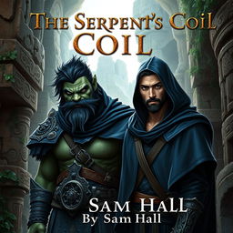 An engaging fantasy book cover for 'The Serpent's Coil' by Sam Hall, featuring a powerful Orc warrior with striking black hair and a strong beard, standing beside a slender human rogue with sleek black hair and a stylish beard, both adorned in deep blue hoods that add an aura of intrigue