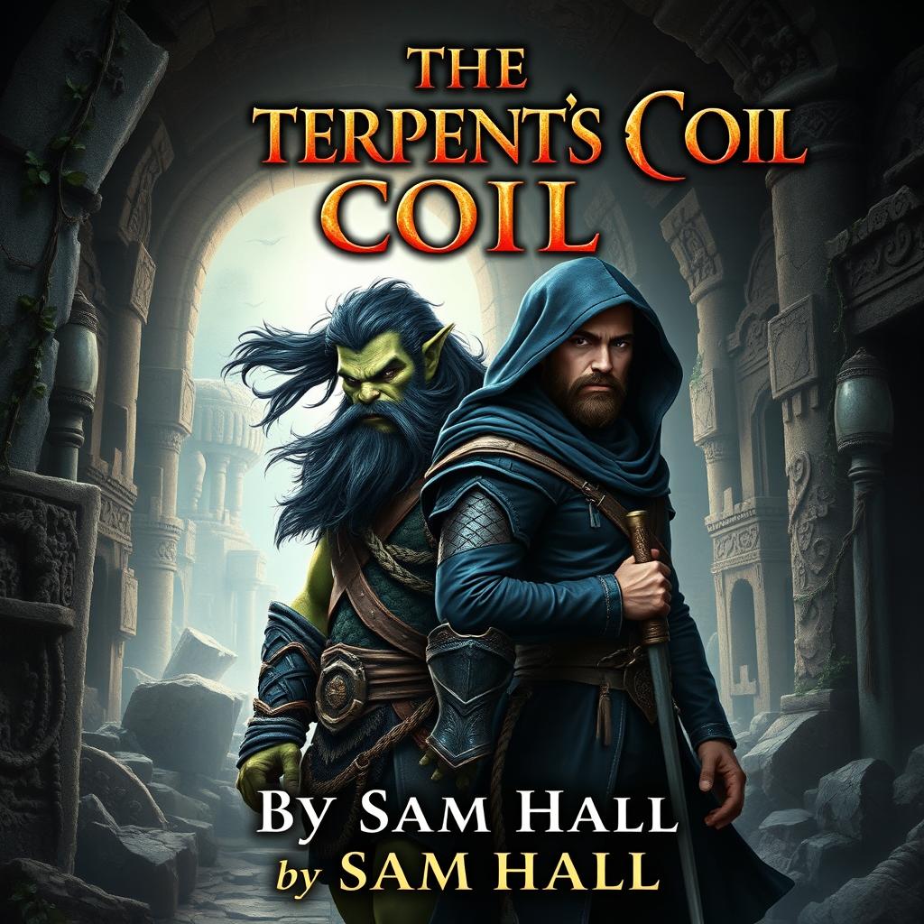 A captivating fantasy book cover for 'The Serpent's Coil' by Sam Hall, prominently featuring a fierce Orc warrior with flowing black hair and a strong beard, standing next to a slender human rogue with stylish black hair and a smooth beard