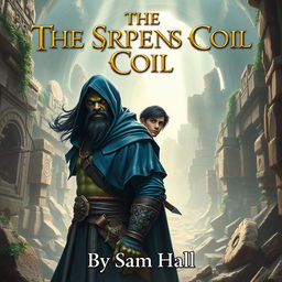 A captivating fantasy book cover for 'The Serpent's Coil' by Sam Hall, prominently featuring a fierce Orc warrior with flowing black hair and a strong beard, standing next to a slender human rogue with stylish black hair and a smooth beard