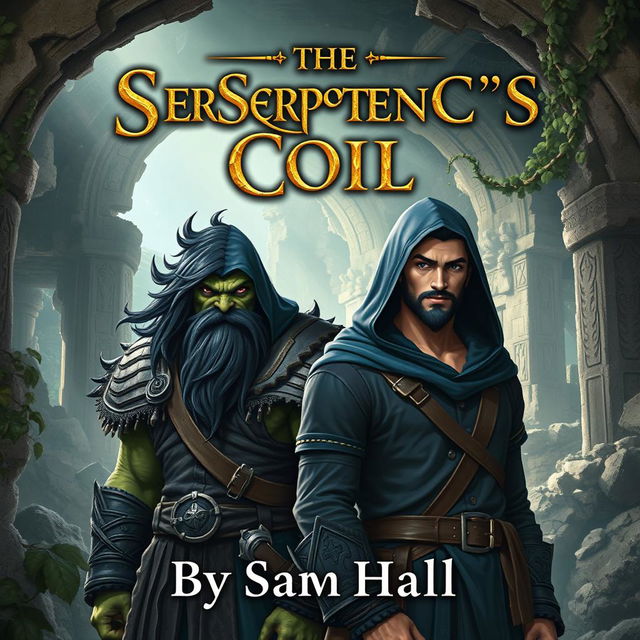 A captivating fantasy book cover for 'The Serpent's Coil' by Sam Hall, prominently featuring a fierce Orc warrior with flowing black hair and a strong beard, standing next to a slender human rogue with stylish black hair and a smooth beard