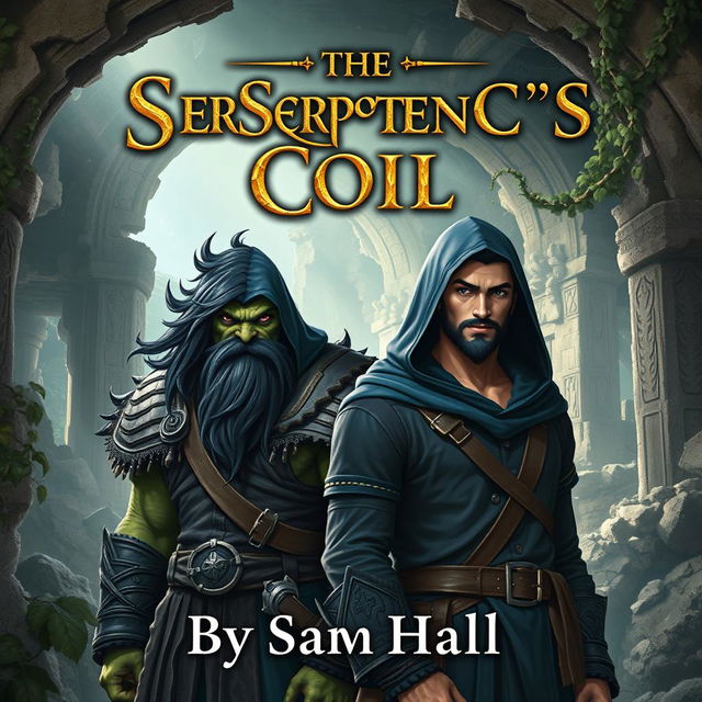 A captivating fantasy book cover for 'The Serpent's Coil' by Sam Hall, prominently featuring a fierce Orc warrior with flowing black hair and a strong beard, standing next to a slender human rogue with stylish black hair and a smooth beard