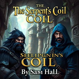 A captivating fantasy book cover for 'The Serpent's Coil' by Sam Hall, prominently featuring a fierce Orc warrior with flowing black hair and a strong beard, standing next to a slender human rogue with stylish black hair and a smooth beard