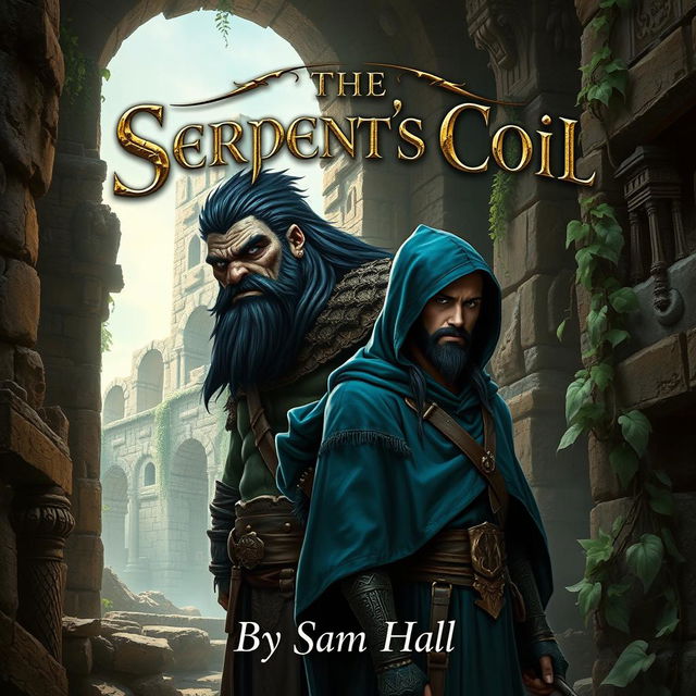 A captivating fantasy book cover for 'The Serpent's Coil' by Sam Hall, showcasing a large Orc warrior with striking black hair and a prominent beard, standing alongside a slender human rogue featuring sleek black hair and a stylish beard, both wearing deep blue hoods to suggest an air of mystery