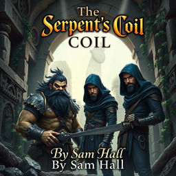 A captivating fantasy book cover for 'The Serpent's Coil' by Sam Hall, showcasing a large Orc warrior with striking black hair and a prominent beard, standing alongside a slender human rogue featuring sleek black hair and a stylish beard, both wearing deep blue hoods to suggest an air of mystery