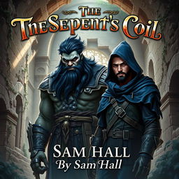 A captivating fantasy book cover for 'The Serpent's Coil' by Sam Hall, showcasing a large Orc warrior with striking black hair and a prominent beard, standing alongside a slender human rogue featuring sleek black hair and a stylish beard, both wearing deep blue hoods to suggest an air of mystery
