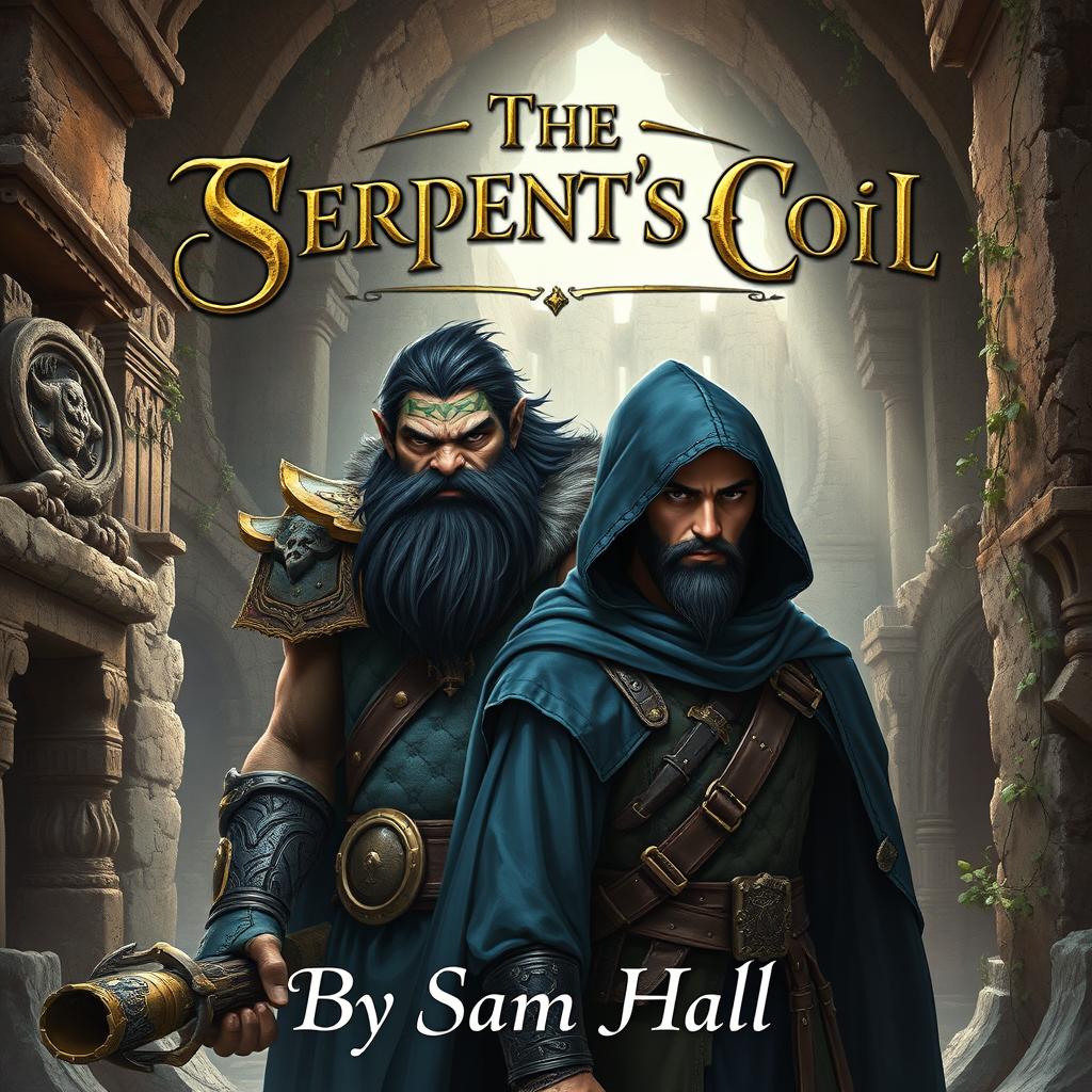 A captivating fantasy book cover for 'The Serpent's Coil' by Sam Hall, showcasing a large Orc warrior with striking black hair and a prominent beard, standing alongside a slender human rogue featuring sleek black hair and a stylish beard, both wearing deep blue hoods to suggest an air of mystery