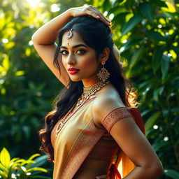 a beautiful Indian woman in an artistic pose, emphasizing her elegance and cultural attire with intricate patterns, surrounded by a lush, vibrant garden, sunlight filtering through the leaves creating a warm atmosphere, showcasing a strong sense of femininity and empowerment