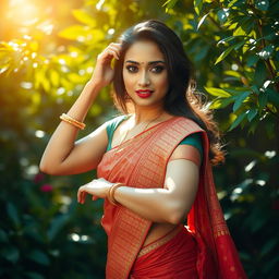 a beautiful Indian woman in an artistic pose, emphasizing her elegance and cultural attire with intricate patterns, surrounded by a lush, vibrant garden, sunlight filtering through the leaves creating a warm atmosphere, showcasing a strong sense of femininity and empowerment