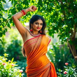 a beautiful Indian woman in an artistic pose, emphasizing her elegance and cultural attire with intricate patterns, surrounded by a lush, vibrant garden, sunlight filtering through the leaves creating a warm atmosphere, showcasing a strong sense of femininity and empowerment