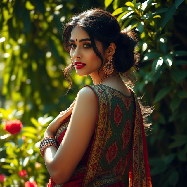 a beautiful Indian woman in an artistic pose, emphasizing her elegance and cultural attire with intricate patterns, surrounded by a lush, vibrant garden, sunlight filtering through the leaves creating a warm atmosphere, showcasing a strong sense of femininity and empowerment