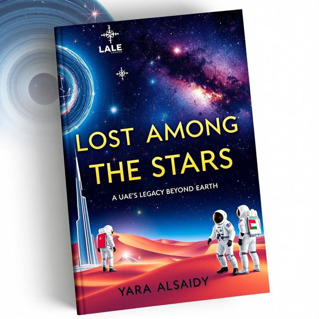 A visually striking book cover for 'Lost Among the Stars - UAE's Legacy Beyond Earth' by 'Yara Alsaidy'