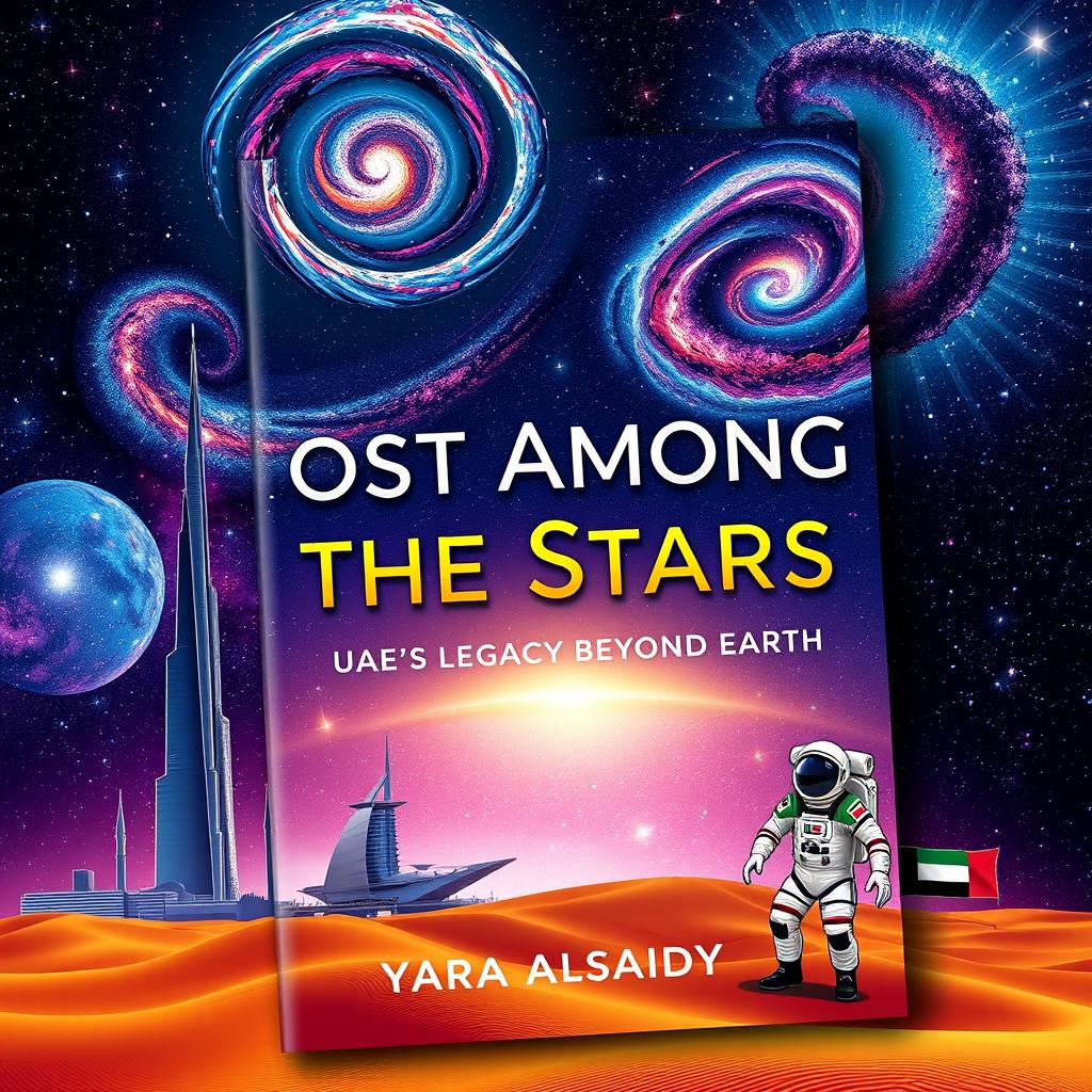 A visually striking book cover for 'Lost Among the Stars - UAE's Legacy Beyond Earth' by 'Yara Alsaidy'