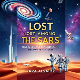 A visually striking book cover for 'Lost Among the Stars - UAE's Legacy Beyond Earth' by 'Yara Alsaidy'