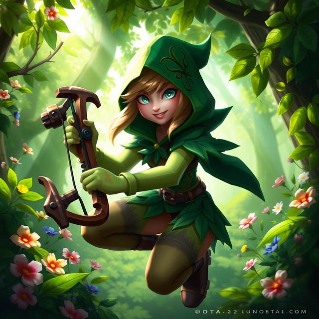 Hoodwink from Dota 2, depicted in a vibrant forest setting, wearing her signature green hooded outfit with intricate leaf patterns, holding a trusty crossbow, her eyes bright and mischievous, with a sly smile