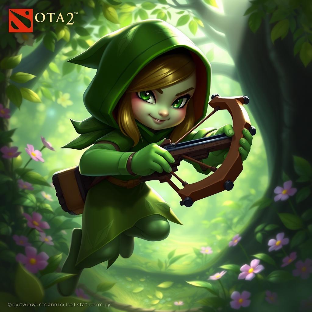 Hoodwink from Dota 2, depicted in a vibrant forest setting, wearing her signature green hooded outfit with intricate leaf patterns, holding a trusty crossbow, her eyes bright and mischievous, with a sly smile