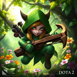 Hoodwink from Dota 2, depicted in a vibrant forest setting, wearing her signature green hooded outfit with intricate leaf patterns, holding a trusty crossbow, her eyes bright and mischievous, with a sly smile