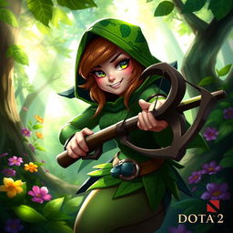 Hoodwink from Dota 2, depicted in a vibrant forest setting, wearing her signature green hooded outfit with intricate leaf patterns, holding a trusty crossbow, her eyes bright and mischievous, with a sly smile