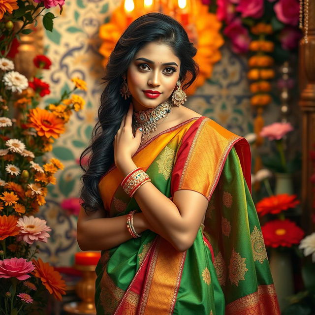 a beautiful Indian woman in a tasteful artistic setting, dressed in colorful traditional attire, showcasing her grace and elegance in a vibrant, culturally rich environment with flowers and intricate decorations, emphasizing empowerment and femininity, with a soft light illuminating her figure